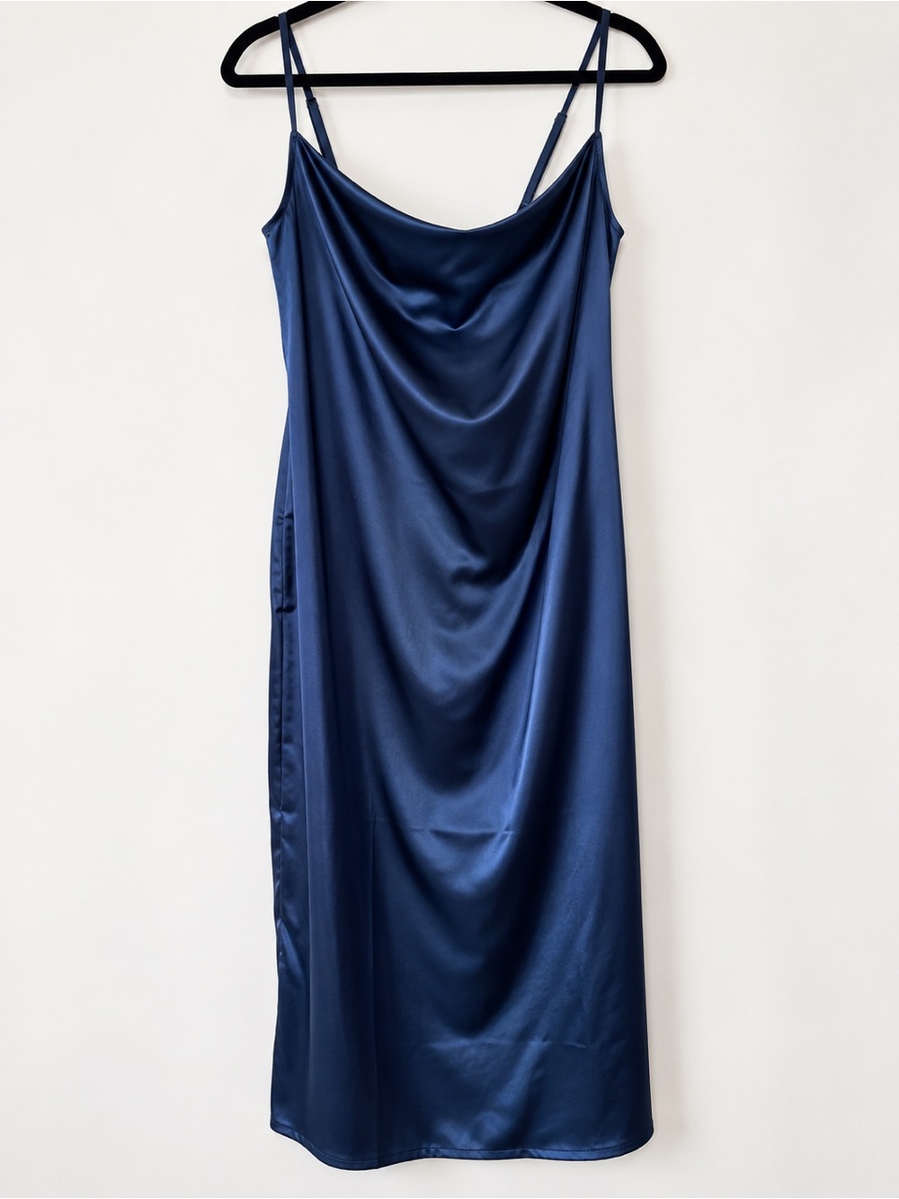 XXIITICAT Navy Blue Satin Cowl Neck Midi Slip Dress